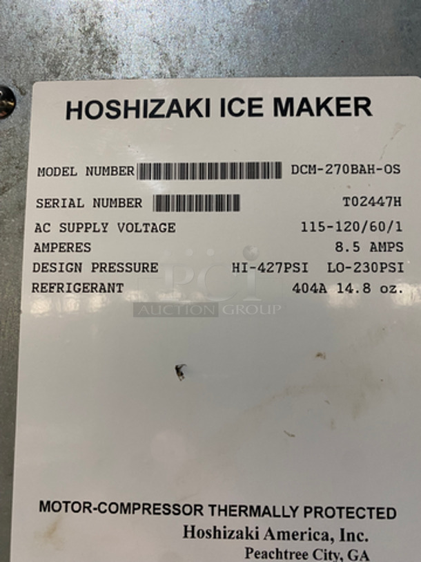 Hoshizaki Commercial Refrigerated Ice Maker/Dispenser And Water Dispenser! All Stainless Steel! On Legs! Model: DCM-270BAH-OS SN: T02447H 115/120V 60HZ 1 Phase - Image 5 of 6