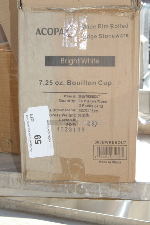 BRAND NEW SCRATCH & DENT! Acopa 7.25 oz. Bright White Rolled Edge Stoneware Bouillon Cup - 36/Case. 2 are broken. See Photos.  - Image 2 of 3