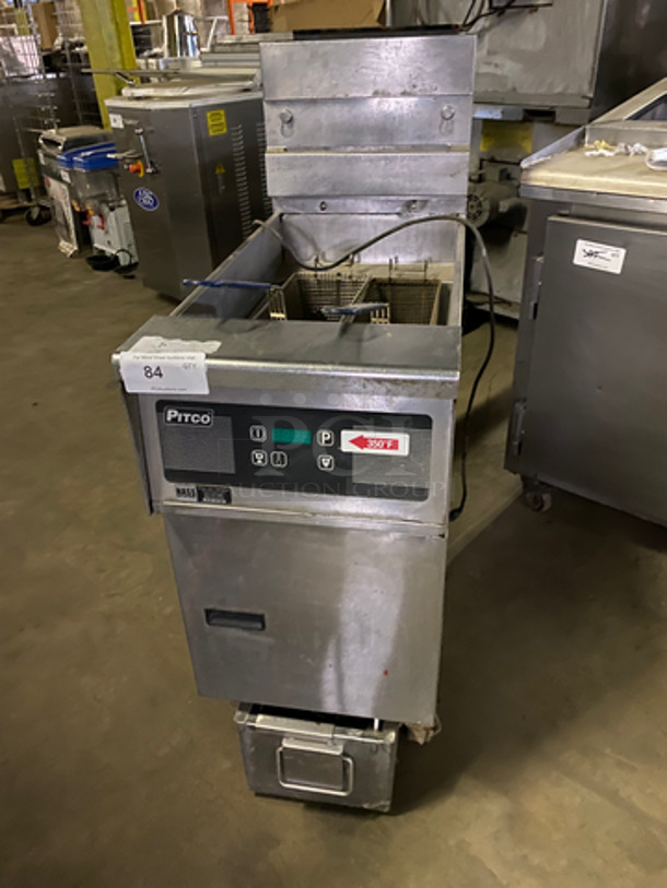 Pitco Commercial Natural Gas Powered Deep Fat Fryer! With Oil Filter System! With Backsplash! With 2 Metal Frying Baskets! All Stainless Steel! On Casters! Model: LBSG14 SN: G05LA039687 120V 50/60HZ 1 Phase 