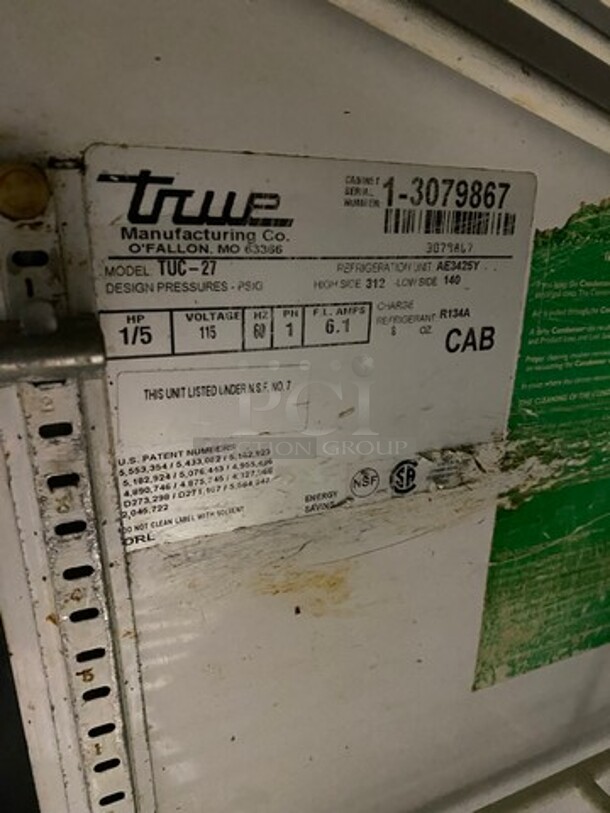True Commercial Single Door Refrigerated Lowboy/ Worktop Cooler! With Poly Coated Racks! All Stainless Steel! On Legs! Model: TUC27 SN: 3079867 115V 60HZ 1 Phase - Image 6 of 7