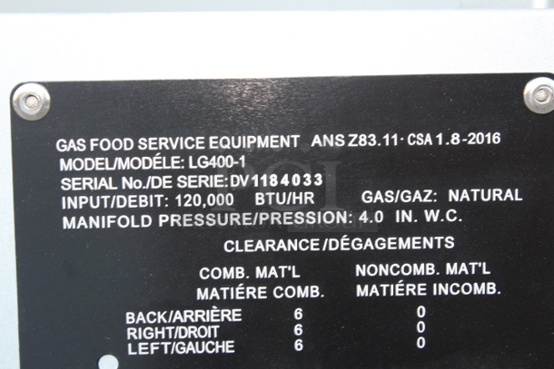 BRAND NEW SCRATCH & DENT! Vulcan LG400-1 45-50 lb. Natural Gas Floor Fryer - 120,000 BTU. S/N: DV1184033 Missing Leg and screws. 	 - Image 10 of 10