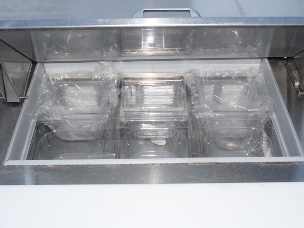 Beverage-Air SPE72HC-18 Elite Series 72" 3 Door Refrigerated Sandwich Prep Table, 115v, 9.6Amp, 1ph, 60hz. In Proper Working Condition. Appears the unit may have been used once or twice.  - Image 10 of 10