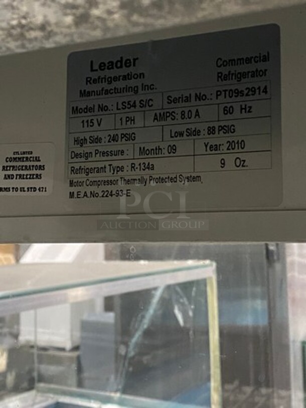 Leader Commercial Reach In Cooler Merchandiser! Glass All Around! With Rear Access Sliding Doors! Poly Coated Racks! Model: LS54SC SN: PT09S2914 115V 60HZ 1 Phase - Image 6 of 9
