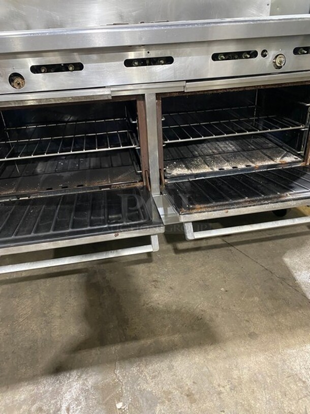 Garland Natural Gas Powered 10 Burner Stove Top Range! With  2 Full Size Ovens Underneath! With Raised Backsplash & Salamander Shelf! On Casters! - Image 2 of 5