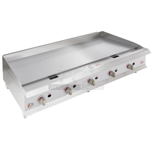 BRAND NEW SCRATCH & DENT! Cooking Performance Group GM-CPG-60-NL 60" Gas Countertop Griddle with Manual Controls - 150,000 BTU. S/N 2306004028 60x29-5/16x16-3/4. Includes Propane Conversion Kit. Back right leg is missing.  - Image 1 of 7