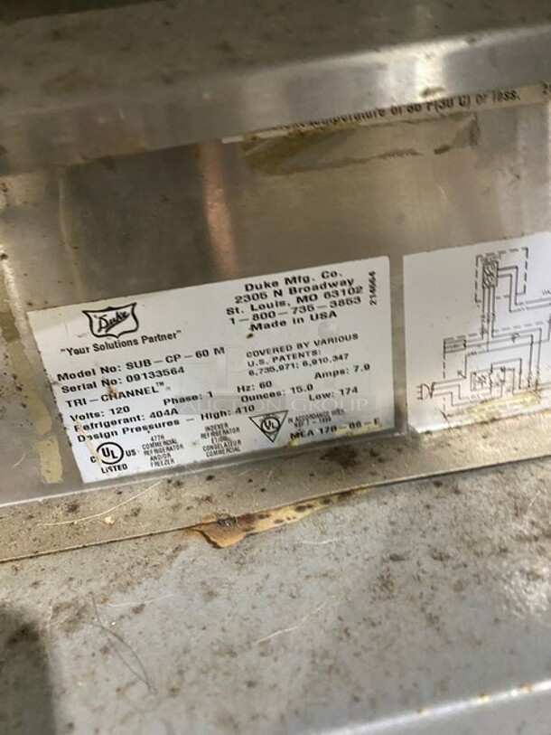 WOW! Duke Commercial Refrigerated Sandwich/Salad Prep Line! Model SUBCP60M Serial 09133564! 120V 1Phase! With Underneath Storage Space! With Single Food Warming Well! All Stainless Steel! Model SUBHFR25M Serial 09135958! 120V! WORKING WHEN REMOVED! - Image 7 of 11