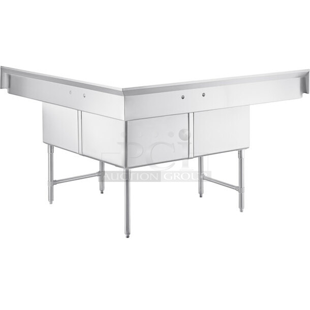 BRAND NEW SCRATCH & DENT! Regency 74 1/2" 16 Gauge Stainless Steel Three Compartment Commercial Corner Sink with Two Drainboards - 24" x 24" x 14" Bowls - Minor Dents - Image 3 of 4