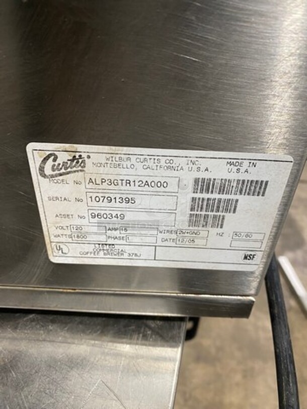 Curtis Stainless Steel Commercial Countertop 3 Burner Coffee Machine! With Hot Water Dispenser and Metal Brew Basket! Model ALP3GTR12A000 Sn:10791395 120V 1Ph  - Image 7 of 8