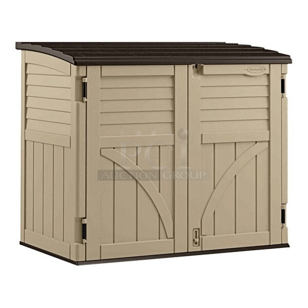 BRAND NEW SCRATCH & DENT! Suncast BMS3400X 34 cu. ft. Sand Horizontal Storage Shed BMS3400X. Box is damaged may have pieces missing. 	 - Image 1 of 1