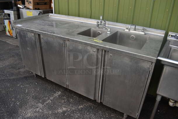 Stainless Steel Commercial Counter w/ 2 Sink Bays, 4 Doors and Under Shelf. 78x30x40