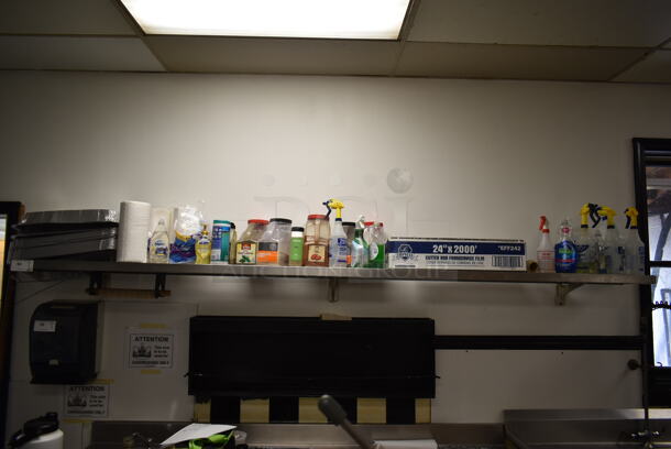 Stainless Steel Wall Mount Shelf w/ Contents. BUYER MUST REMOVE. (kitchen) - Image 1 of 6