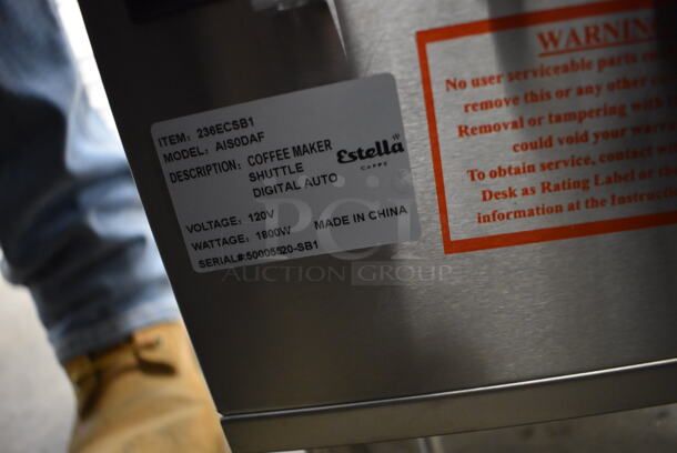 BRAND NEW IN BOX! Estella Caffe AIS0DAF ECSB-1 Stainless Steel Commercial Countertop Automatic Single Shuttle Coffee Maker w/ Digital Display, Hot Water Dispenser, Metal Brew Basket, Poly Brew Basket and Poly Pitcher. 120 Volts, 1 Phase. 10x24x31. Tested and Working! - Image 7 of 7
