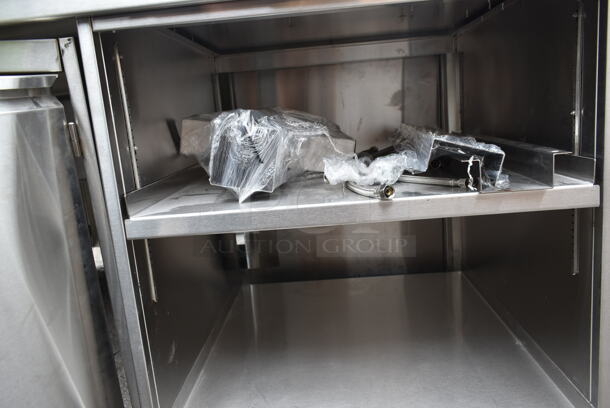 BRAND NEW SCRATCH AND DENT! Stainless Steel Commercial Counter w/ Sink Bay, Faucet, Handles and Under Shelves. - Image 7 of 10