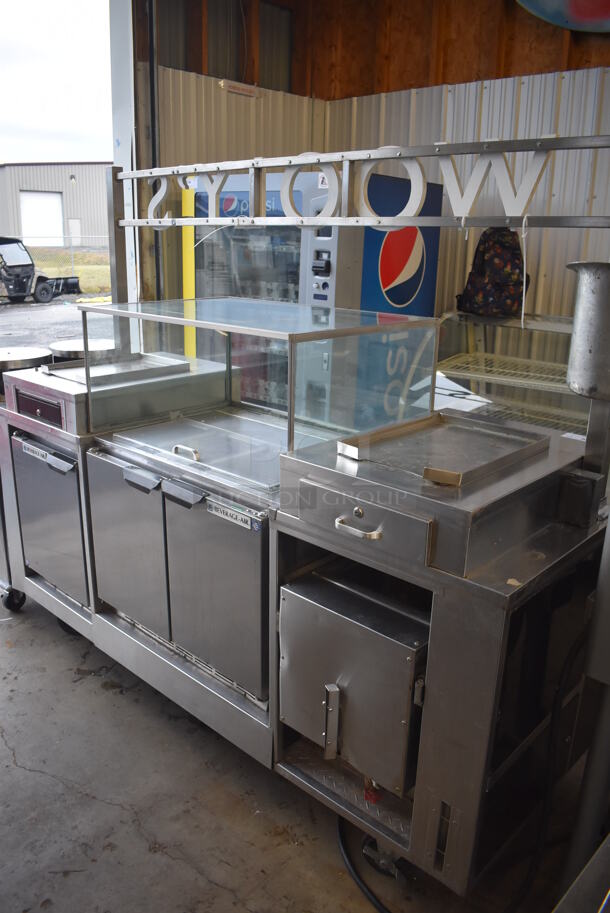 Stainless Steel Commercial Portable Shaved Ice Prep Station Stand w/ Beverage Air UCF20 Single Door Undercounter Freezer, Beverage Air UCR34Y 2 Door Cooler w/ Glass Top Case and Sneeze Guard on Commercial Casters. 208-250 Volts, 1 Phase. 85x30x73 - Image 12 of 12
