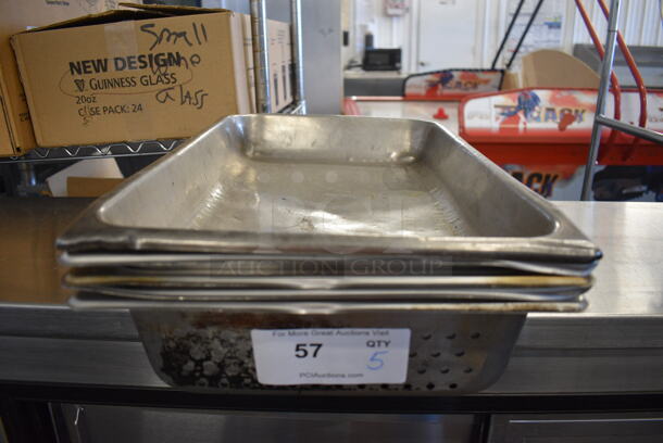 5 Stainless Steel Full Size Drop In Bins; Four Perforated. 1/1x2, 1/1x4. 5 Times Your Bid!