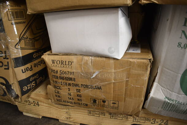 PALLET LOT of 32 BRAND NEW Boxes Including 712B5548D Steelton Stainless Steel Double Tier Speed Rail - 48", Kimberly-Clark Professional 55760 Gray C-Fold / Multifold Countertop Paper Towel Dispenser, Choice Shoe Covers, 24515112CBKBL Baker's Lane 15" x 11 1/2" x 2 1/4" Kraft Auto-Popup Donut / Bakery Box - 100/Bundle, 966TALLFLDN Choice Kraft Natural Tall-Fold 6" x 13" Dispenser Napkin - 8000/Case, Libbey 840-520R-8 Porcelana Rolled Edge Coupe Platter 8" x 6 1/4" Bright White Oval Porcelain - 36/Case, 407ALSC12 Choice 12 oz. One-Piece Aluminum Scoop, 395TO961 EcoChoice 9" x 6" x 3" Compostable Sugarcane / Bagasse 1 Compartment Take-Out Container - 200/Case, 129MCR24B Choice 24 oz. Black Round Microwavable Heavy Weight Container with Lid 7 1/4" - 150/Case, AD12 Genpak 12 oz. Clear Hinged Deli Container - 200/Case, 999IC16B Choice 16 oz. Blue Paper Frozen Yogurt / Food Cup - 50/Pack. 32 Times Your Bid!  - Image 8 of 12