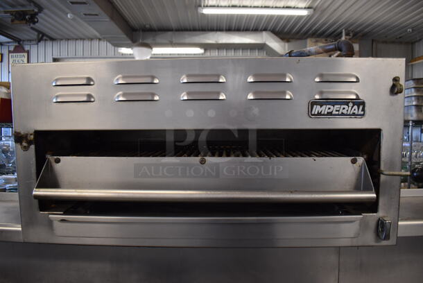 Imperial Stainless Steel Commercial Natural Gas Powered 6 Burner Range, Flat Top Griddle, Salamander Cheese Melter, Oven, Over Shelf and Back Splash on Commercial Casters. 60x31x73 - Image 3 of 8
