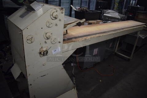 Acme 8-12 Metal Commercial Floor Style Dough Sheeter w/ 9' Conveyor Belt. 110 Volts, 1 Phase. 132x22x57. Tested and Working!