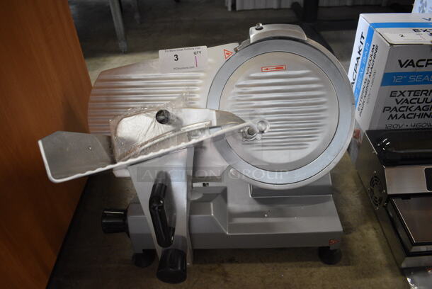 BRAND NEW SCRATCH AND DENT! Backyard Pro Model 554SL112E Stainless Steel Commercial Countertop Meat Slicer w/ Blade Sharpener. 120 Volts, 1 Phase. 24x16x18. Tested and Working!