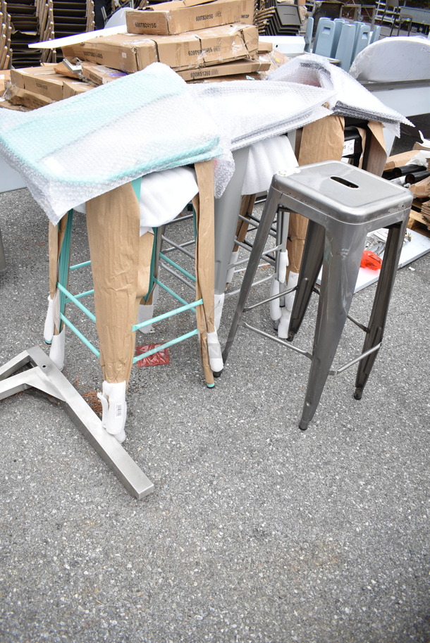 7 Various BRAND NEW SCRATCH AND DENT! Metal Bar Height Stools w/ 6 Back Rests; 2 Black, 3 Gray and 2 Seafoam Blue. 7 Times Your Bid! - Image 1 of 12