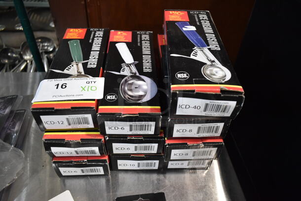 10 BRAND NEW IN BOX! Stainless Steel Ice Cream Dishers / Scoopers; ICD-40, 3 ICD-8, 2 ICD-12, 3 ICD-6 and ICD-10. 10 Times Your Bid! - Image 1 of 9