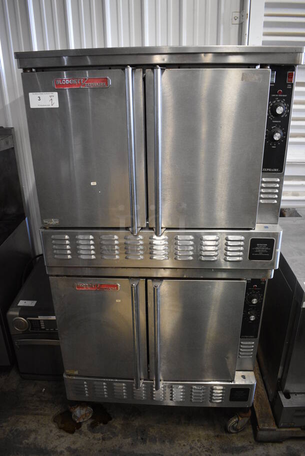 2 Blodgett Zephaire Stainless Steel Commercial Natural Gas Powered Full Size Convection Oven w/ Solid Doors, Metal Oven Racks and Thermostatic Controls on Commercial Casters. 38x37x73. 2 Times Your Bid!