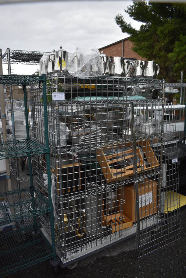 ALL ONE MONEY! Lot of Chrome Finish 5 Tier Shelving Unit on Commercial Casters w/ Liquor Cage and All Contents Including Metal Pitchers, White Ceramic Plates. BUYER MUST DISMANTLE. PCI CANNOT DISMANTLE FOR SHIPPING. PLEASE CONSIDER FREIGHT CHARGES. 49x25x68 - Image 3 of 7