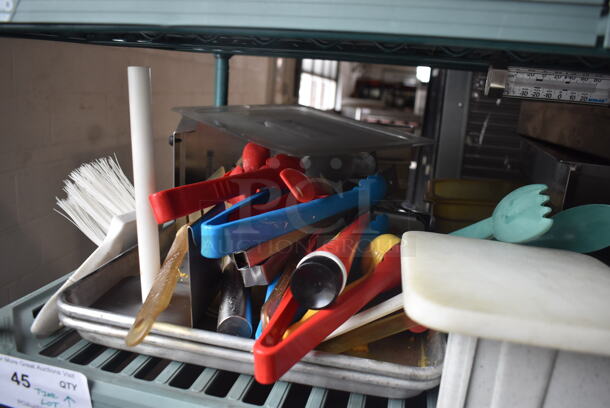 ALL ONE MONEY! Lot of Plastic Tongs, Plastic Bin, Squeeze Bottle, Cutting Board, Wire Brush AND MORE!  - Image 2 of 5