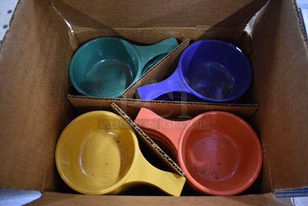 24 BRAND NEW IN BOX! Prolon Multi Colored Poly Handled Soup Mugs. 6.5x4x2. 24 Times Your Bid!