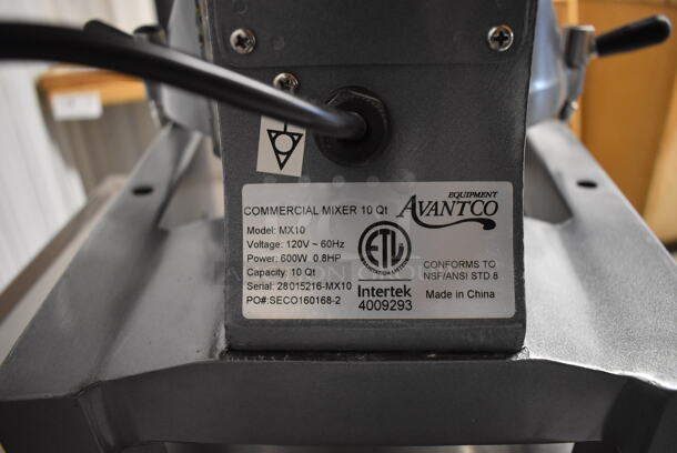 Avantco MX10 Metal Commercial Countertop 10 Quart Planetary Dough Mixer w/ Stainless Steel Mixing Bowl, Bowl Guard, Dough Hook, Paddle and Whisk Attachments. 120 Volts, 1 Phase. 15x20x25. Tested and Working! - Image 5 of 9