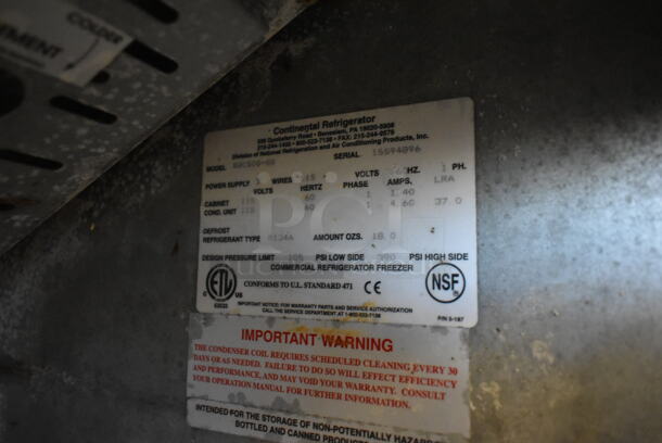 2015 Continental BBC50S-S5 Stainless Steel Commercial 2 Door Undercounter Cooler on Commercial Casters. 115 Volts, 1 Phase. Tested and Working! - Image 6 of 8