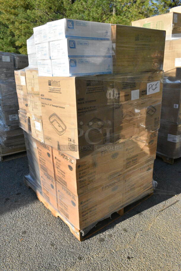 43 BRAND NEW! Boxes Including FT71425 Tamper Evident Beverage Carrier, Sabert Containers, FP008-3L 8 oz Containers. 43 Times Your Bid!  - Image 1 of 8
