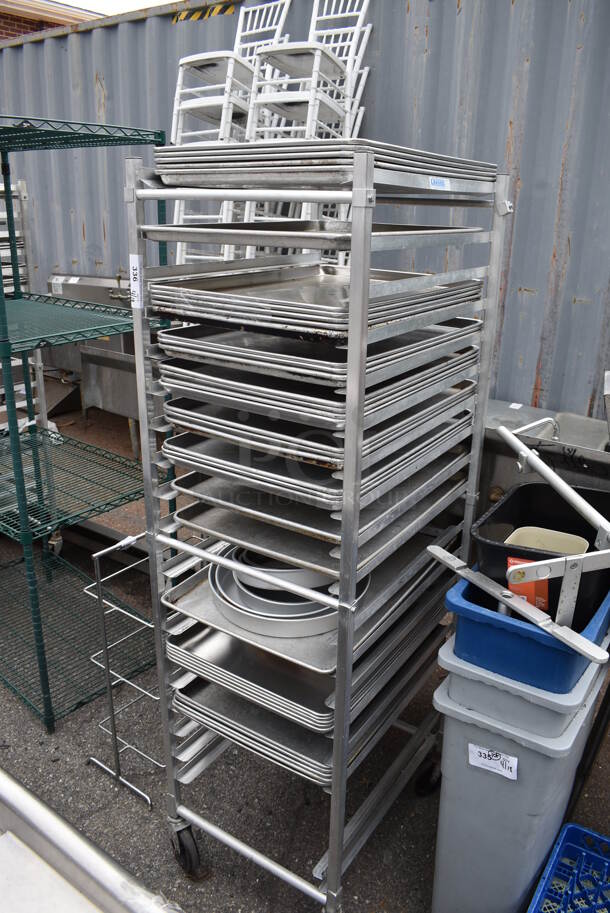 Metal Commercial Pan Transport Rack on Commercial Casters w/ 47 Metal Full Size Baking Pans. - Image 1 of 1