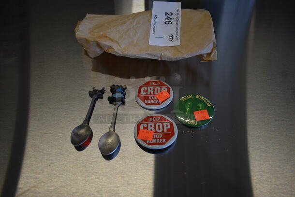 ALL ONE MONEY! Lot of 2 Help Stop Hunger Pins, Social Ministry Pin and 2 Spoons - Image 1 of 4