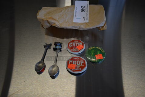 ALL ONE MONEY! Lot of 2 Help Stop Hunger Pins, Social Ministry Pin and 2 Spoons