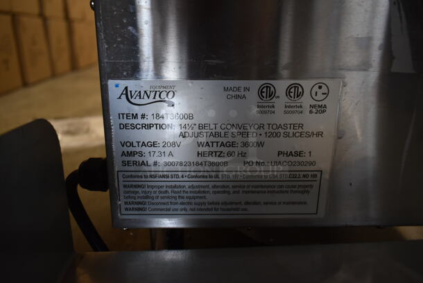 BRAND NEW SCRATCH AND DENT! Avantco  Stainless Steel Commercial Countertop 14.5" Belt Conveyor Toaster Oven. 208 Volts, 1 Phase.  - Image 8 of 8