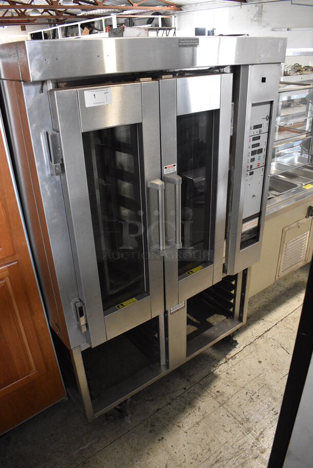 Stainless Steel Commercial Gas Powered Mini Rotating Rack Oven w/ View Through Doors and Lower Pan Rack on Commercial Casters. 48x36x75. Picture of the Unit Powered On Before Removal Is Included In the Listing. - Image 2 of 11