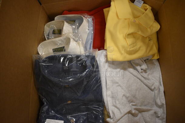 ALL ONE MONEY! Box Lot of Various Men's Shirts Including Dress Shirts, T-shirts, Polos, and Pull Over Sweaters. Brands Include TMB Classic Clothing, Orvis, Brooks Brothers, and I Levrieri Pure Merimo Wool Sweater. Sizes Range From M to XXL
