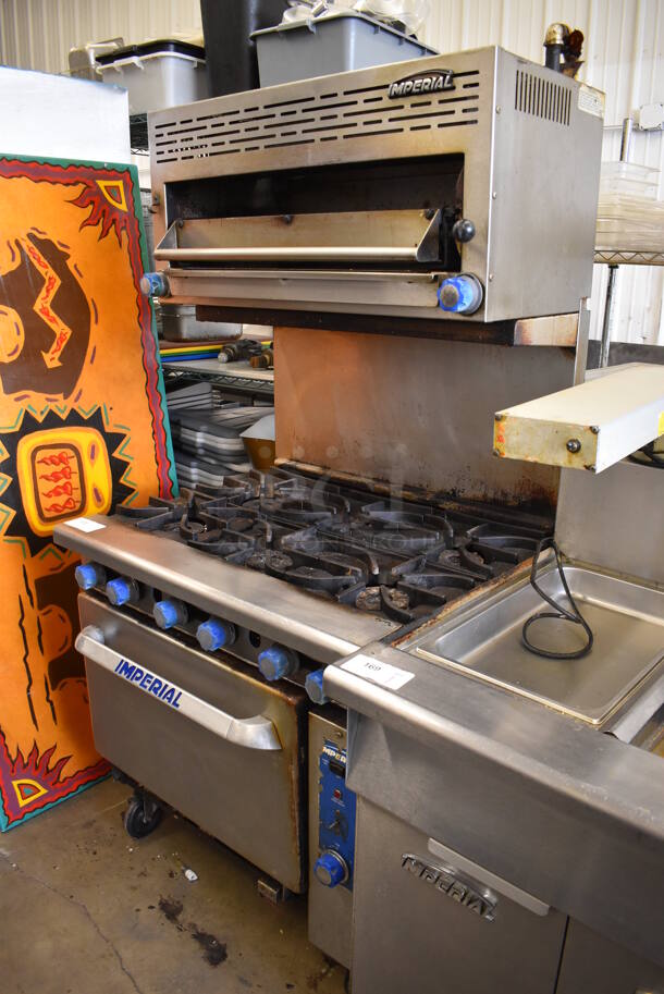 Imperial Stainless Steel Commercial Natural Gas Powered 6 Burner Range w/ Salamander Cheese Melter, Convection Oven and Back Splash on Commercial Casters. 36x33x73 - Image 2 of 8