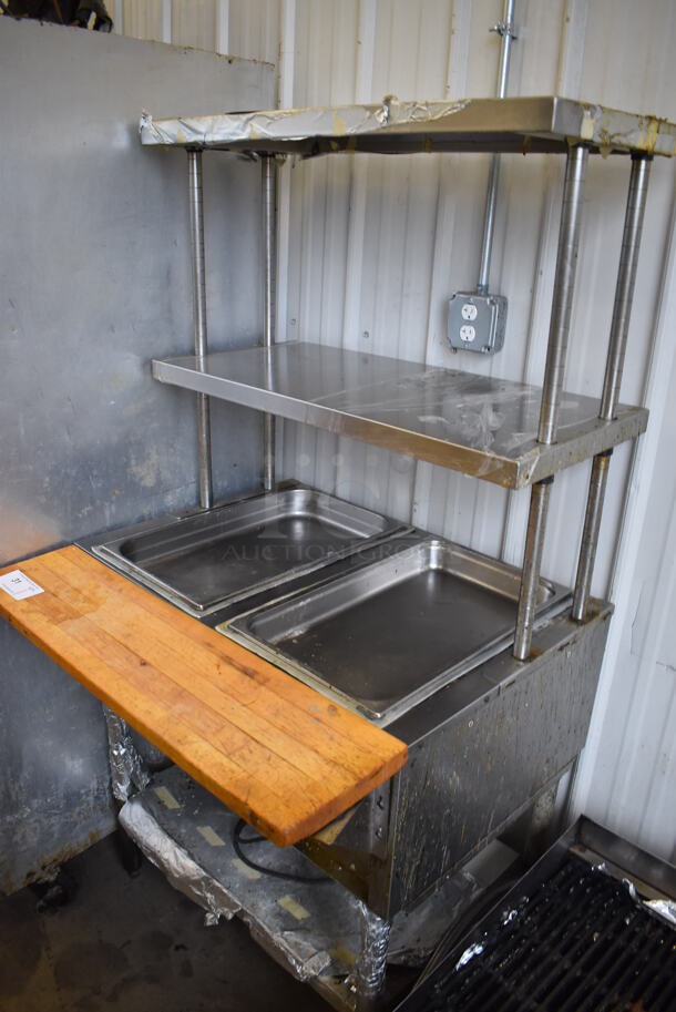 Stainless Steel Commercial 2 Well Steam Table w/ Butcher Block Cutting Board, 2 Tier Over Shelves and Under Shelf. 115 Volts, 1 Phase. 34x30.5x64. Tested and Does Not Power On - Image 4 of 6