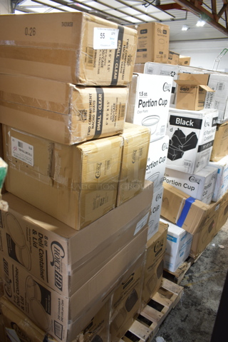PALLET LOT of 22 BRAND NEW Boxes Including 2 Box 433NACHOS Carnival King Small Clear 2 Compartment Plastic Nacho Tray - 500/Case, 2 Box 176CMT7RHBL Choice 10 1/2" x 15 1/2" Right Handed Heavy-Duty Melamine NSF Blue 7 Compartment Tray - 12/Pack, 3 Box 128HD8COMBO ChoiceHD 8 oz. Microwavable Translucent Plastic Deli Container and Lid Combo Pack - 240/Case, 760SOUP6WB Choice 6 oz. White Double Poly-Coated Paper Food Cup - 1000/Case, 2 Box 500TO963 Choice 9" x 6" x 3" Microwaveable 2-Compartment Black / Clear Plastic Hinged Container - 100/Case, 3 Box 127P150C Choice 1.5 oz. Clear Plastic Souffle Cup / Portion Cup - 2500/Case, 500TW5 Choice 5 oz. Translucent Thin Wall Plastic Cold Cup - 2500/Case, 2 Box 5001BNAP EcoChoice 1-Ply Natural Kraft Beverage / Cocktail Napkin - 4000/Case. 22 Times Your Bid!