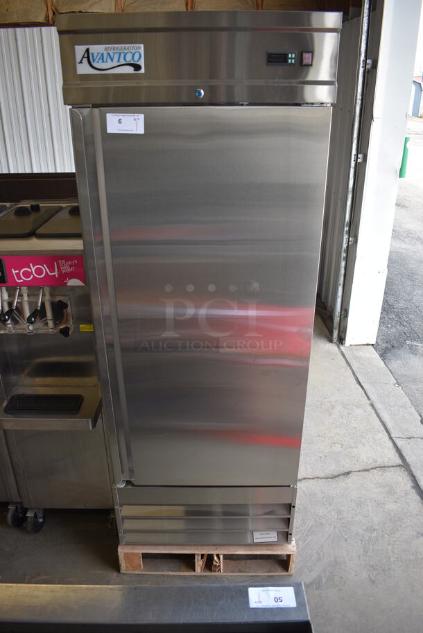 BRAND NEW! Avantco Model 178CFD1FF Stainless Steel Commercial Single Door Reach In Freezer w/ Poly Coated Racks. 115 Volts, 1 Phase. 29x32.5x77.5. Tested and Working!