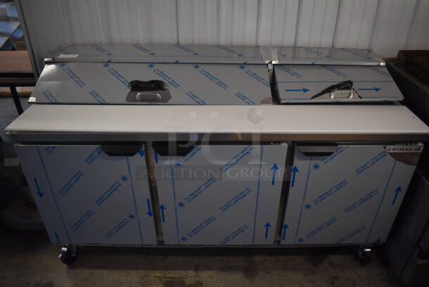 BRAND NEW SCRATCH AND DENT! Beverage Air SPE72HC-18 Stainless Steel Commercial Sandwich Salad Prep Table Bain Marie Mega Top w/ Racks and 18 Drop In Bins on Commercial Casters. 115 Volts, 1 Phase. 72x30x43. Tested and Working!