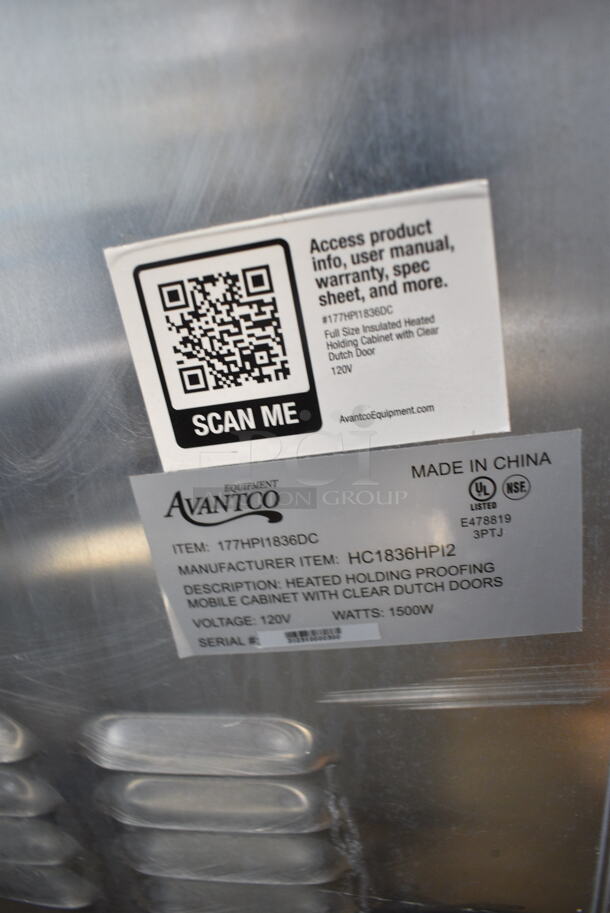BRAND NEW SCRATCH AND DENT!  Avantco 177HPI1836DC Metal Commercial  Full Size Insulated Heated Holding / Proofing Cabinet with Clear Dutch Doors on Commercial Casters. 120 Volts, 1 Phase. Tested and Working! - Image 8 of 8