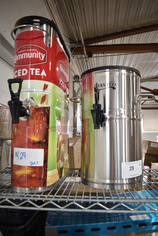 2 BRAND NEW SCRATCH AND DENT! Items; Avantco 177ITD2GRDMV ITD2-GRD-MV 2 Gallon Round Iced Tea Dispenser with Stainless Steel Valve and Bunn TDO-N-3.5 3.5 Gallon Narrow Iced Tea Dispenser. 2 Times Your Bid!  - Image 1 of 8