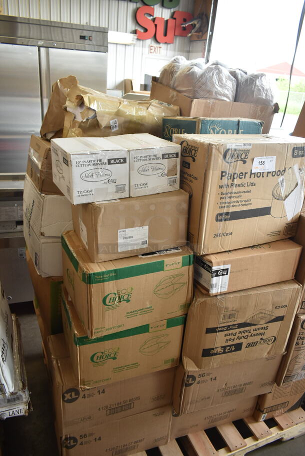 PALLET LOT of 35 BRAND NEW Boxes Including 2 Box 130SERVPIEBK Visions 10" Black Disposable Plastic Pie Server - 72/Case, Vollrath 20369 1/3 Size x 6" D Steam Table / Food Pan, 2 Box 395TO961 EcoChoice 9" x 6" x 3" Compostable Sugarcane / Bagasse 1 Compartment Take-Out Container - 200/Case, 4 Box 36852 XL, 2 Box 128HD12COMBO ChoiceHD 12 oz. Microwavable Translucent Plastic Deli Container and Lid Combo Pack - 240/Case, 612613245HD Choice Half Size Heavy-Duty Foil Steam Pan Deep 2 9/16" Depth - 100/Case. 35 Times Your Bid! - Image 1 of 7