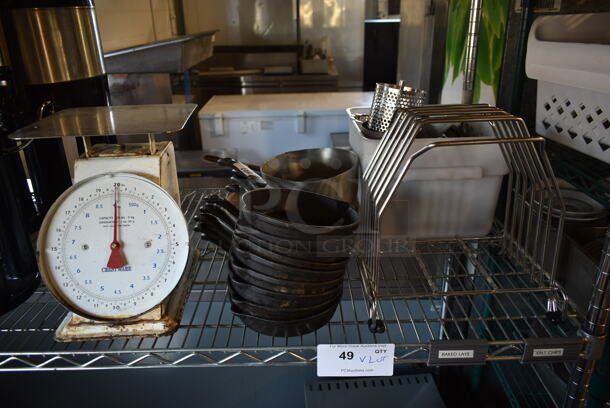 ALL ONE MONEY! Lot of Various Items Including Scale, Metal Cutting Board Rack and Cast Iron Skillets