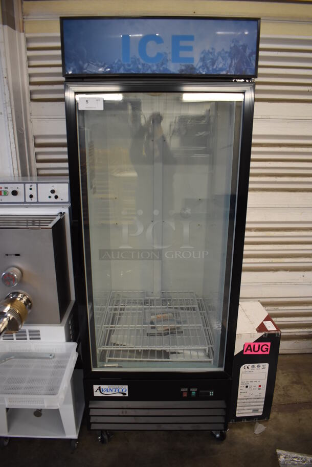 BRAND NEW SCRATCH AND DENT! Avantco 178GDICE24FB Metal Commercial Single Door Reach In Ice Freezer Merchandiser on Commercial Casters. 115 Volts, 1 Phase. 31x33x87. Tested and Working!