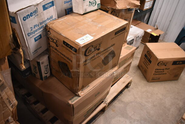 PALLET LOT of 19 BRAND NEW! Boxes Including 245WEDGEPZZA Choice White Clay Coated Clamshell Pizza Slice Box, OneUp 2 Ply Interfold Dispenser Napkins, 50016W Choice White Poly Paper Hot Cup, Choice Hinged To Go Containers. 19 Times Your Bid!