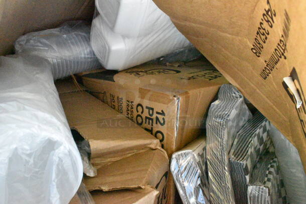 15 BRAND NEW Boxes Including 50HT1 White Foam Hinged Lid Container, 485WJ7BK Jumbo Black Wrapped Straw, 127RD16BULK Choice 16 oz. Customizable Microwavable Translucent Round Deli Container - 500/Case, 795200CSTN1M Carnival King #200 2 lb. Cornerstone Paper Food Tray. 15 Times Your Bid! - Image 7 of 12